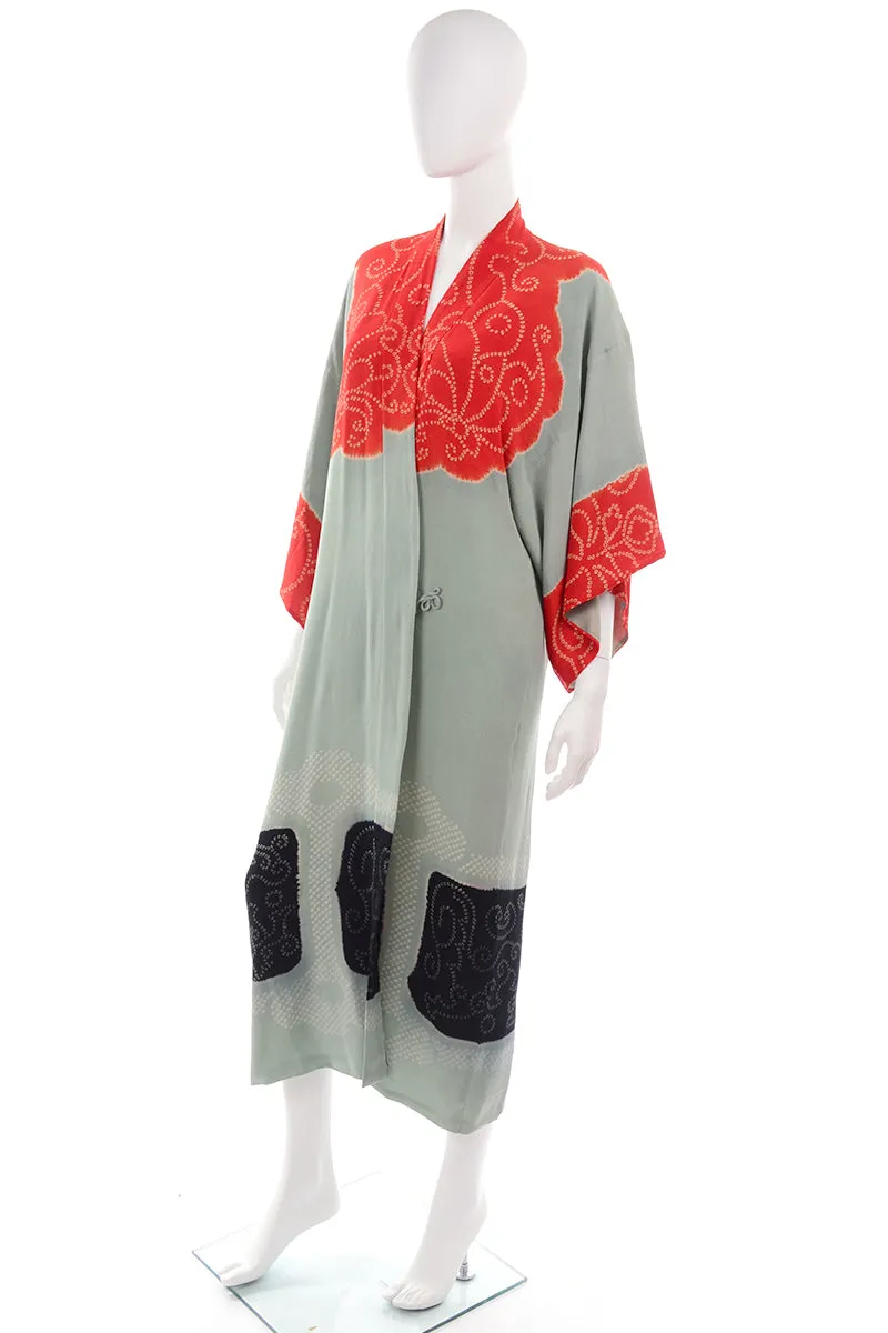 1930s Gumps Long Kimono in Green/Grey & Red/Orange Silk