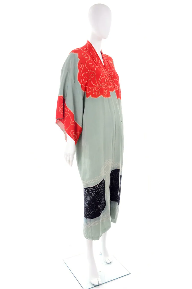 1930s Gumps Long Kimono in Green/Grey & Red/Orange Silk