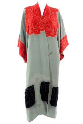 1930s Gumps Long Kimono in Green/Grey & Red/Orange Silk