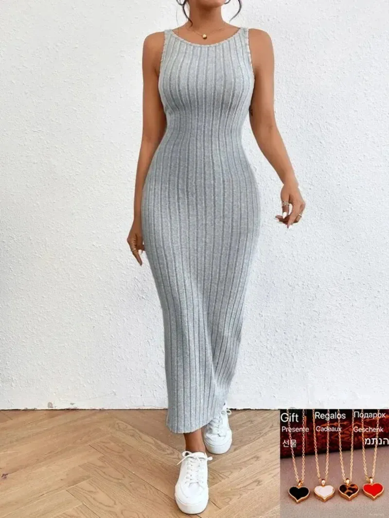 2024 Summer Backless Knit Bodycon Long Dress Women's Elegant Sleeveless O Neck Tank Dress Street Vacation Beach Casual Sundress