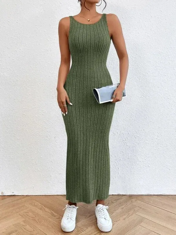 2024 Summer Backless Knit Bodycon Long Dress Women's Elegant Sleeveless O Neck Tank Dress Street Vacation Beach Casual Sundress