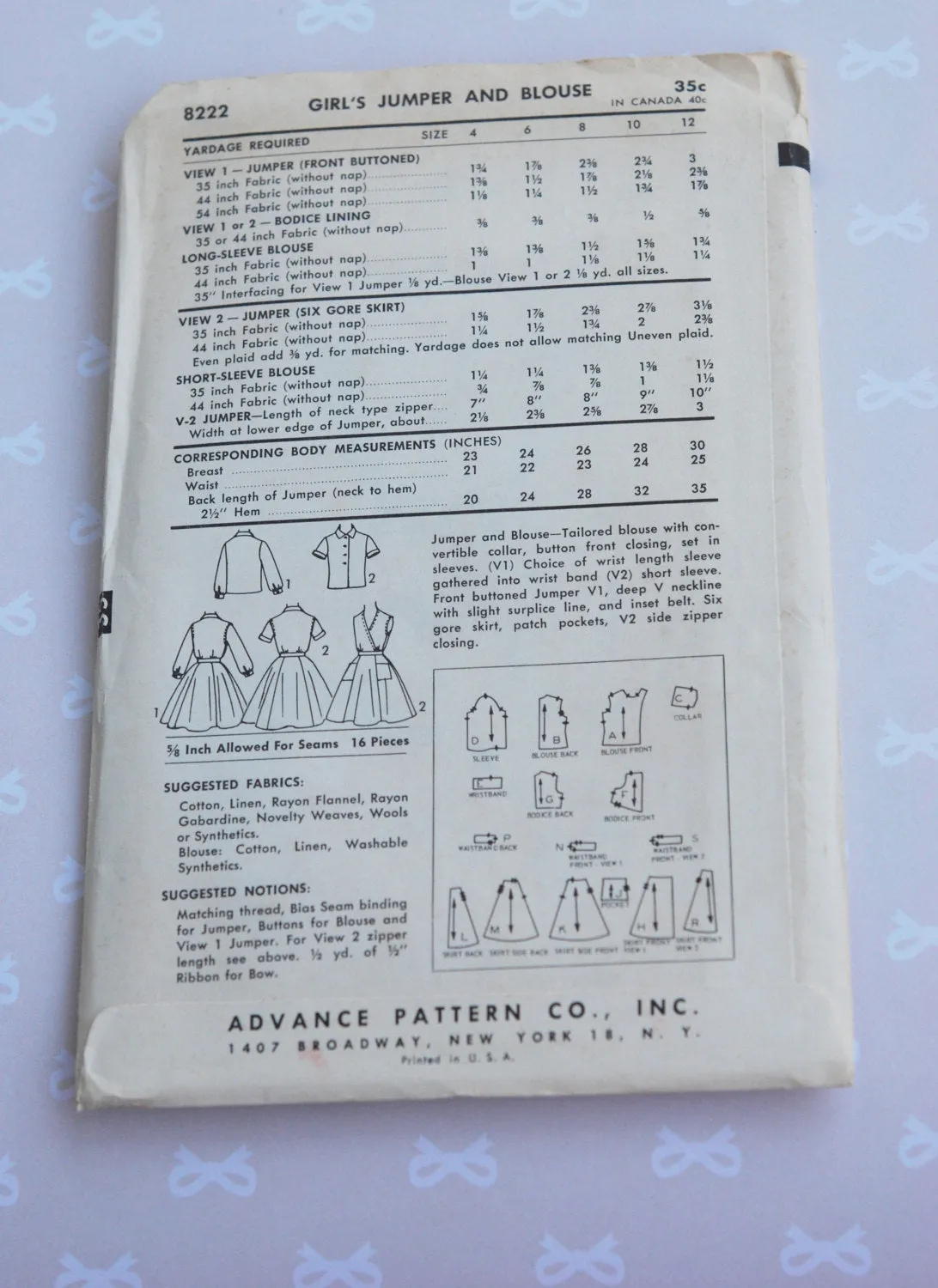 Advance 8222 Cute 1950s Girls Jumper Dress and Blouse Kawaii Vintage Sewing Pattern