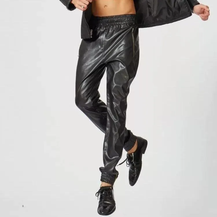 Ankle Zippers Pure Black Leather Joggings Trousers Pants For Male