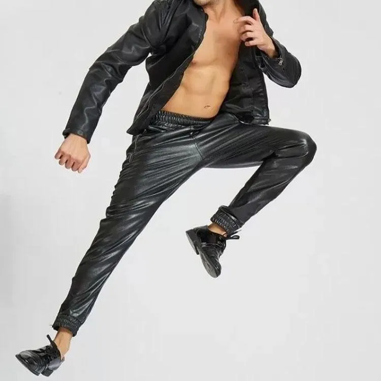 Ankle Zippers Pure Black Leather Joggings Trousers Pants For Male