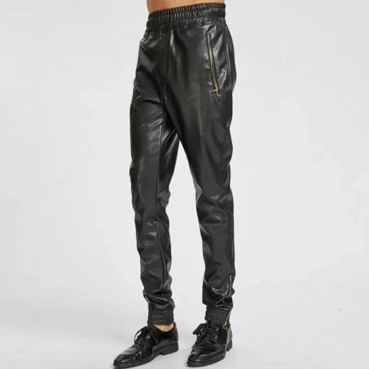 Ankle Zippers Pure Black Leather Joggings Trousers Pants For Male