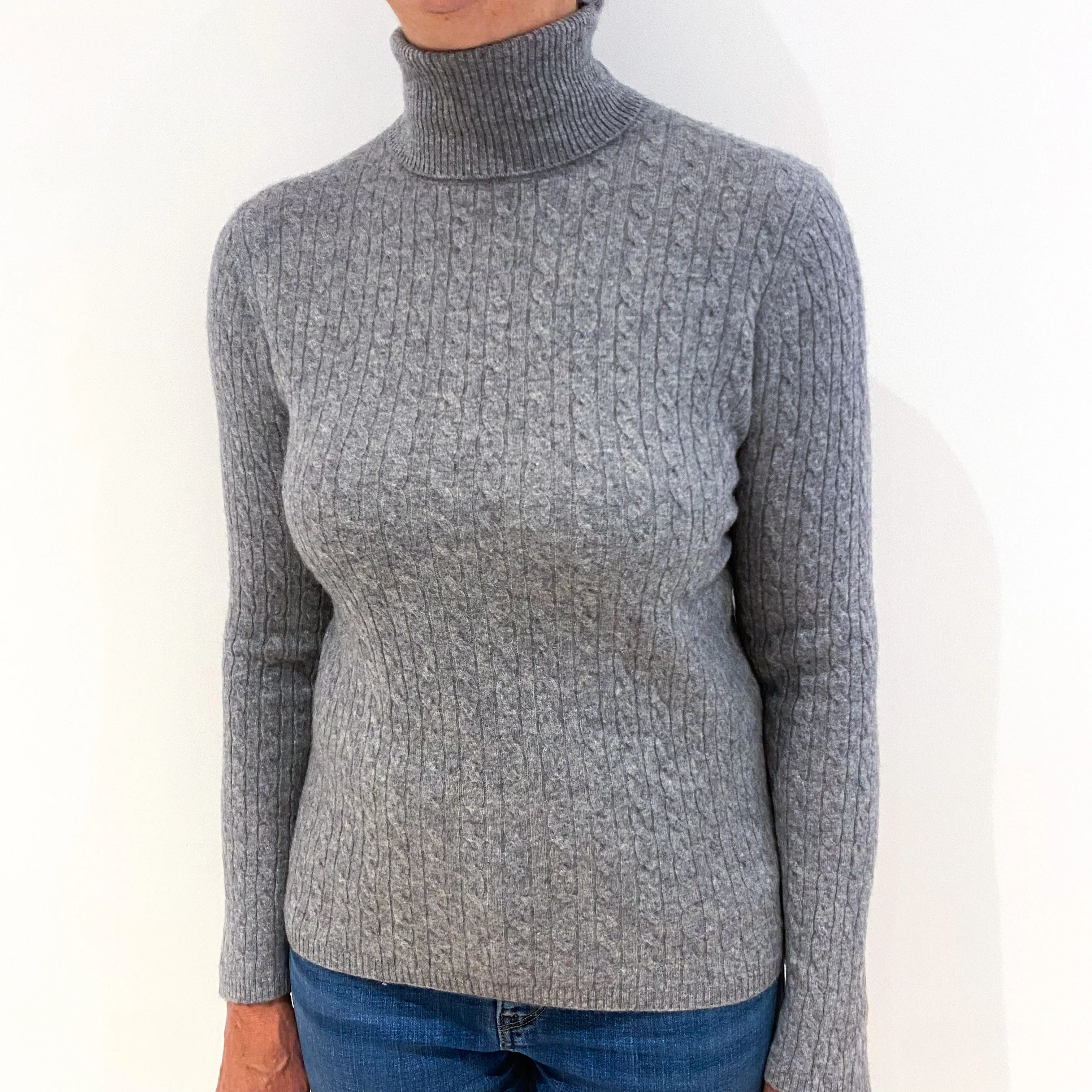 Ash Grey Cable Cashmere Polo Neck Jumper Medium