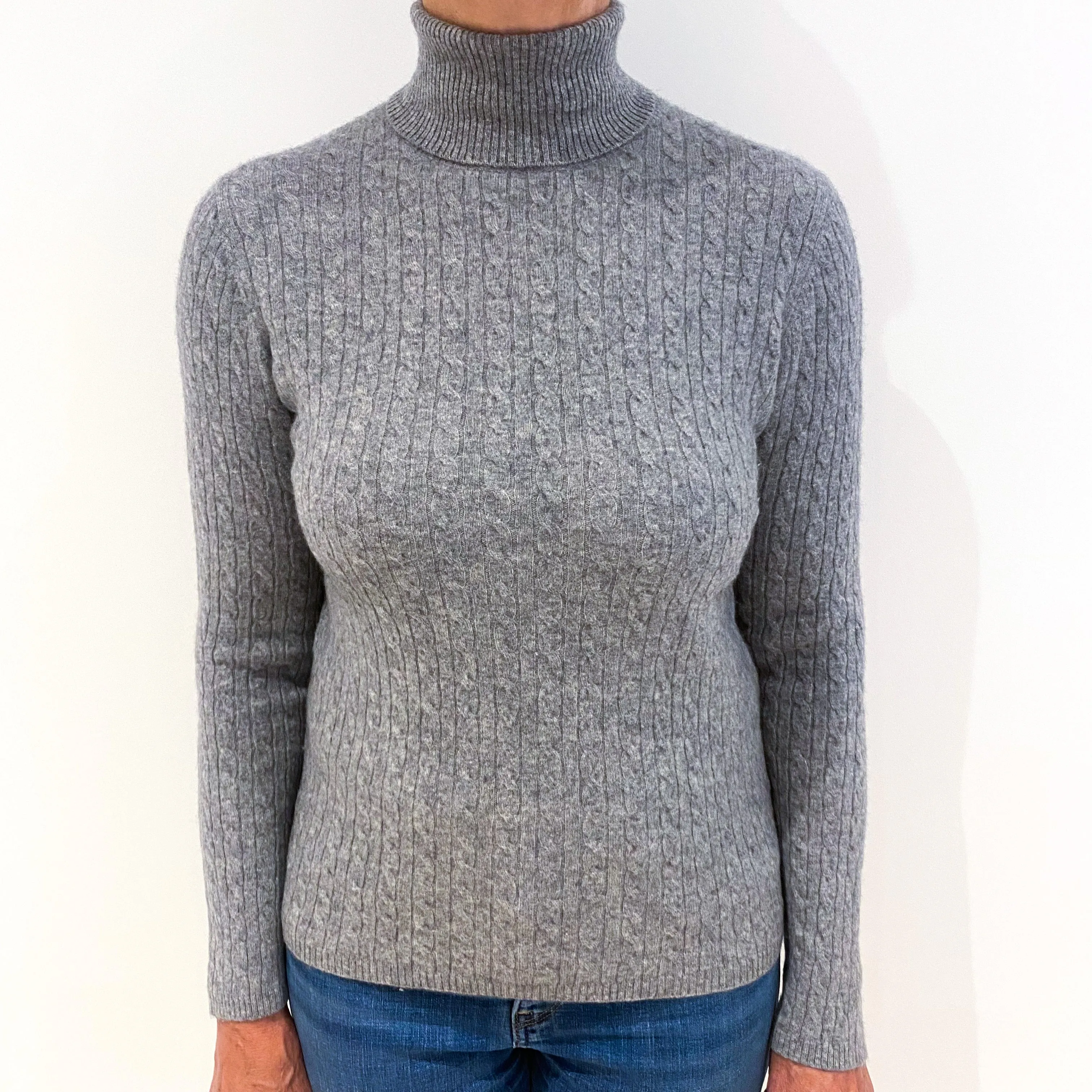 Ash Grey Cable Cashmere Polo Neck Jumper Medium