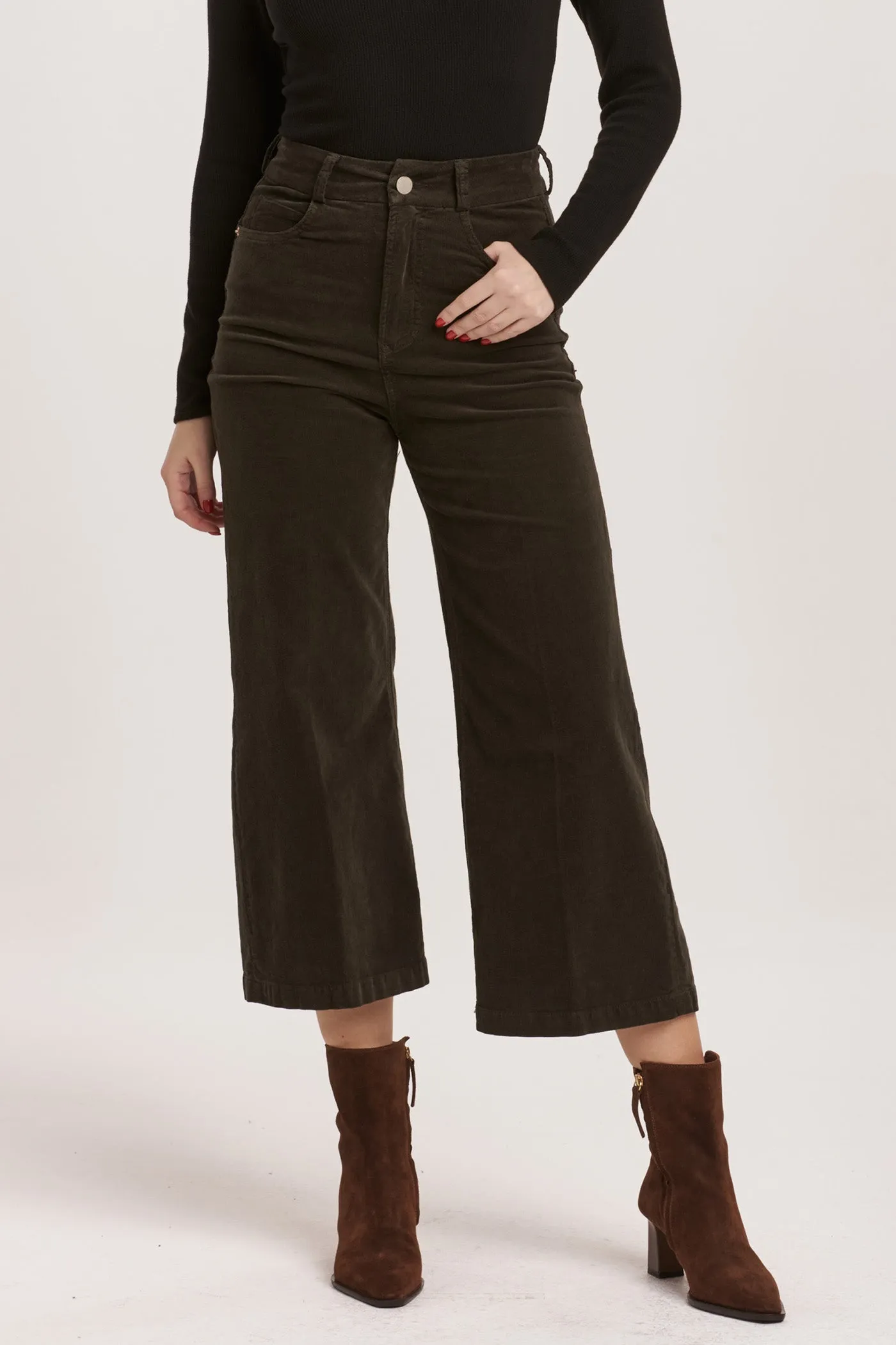 AUDREY HIGH RISE CROPPED WIDE LEG PANTS FOREST PINE CORDUROY