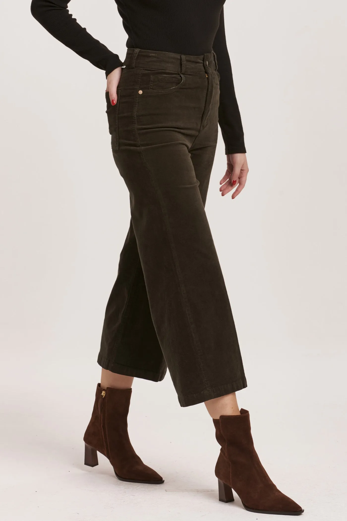 AUDREY HIGH RISE CROPPED WIDE LEG PANTS FOREST PINE CORDUROY