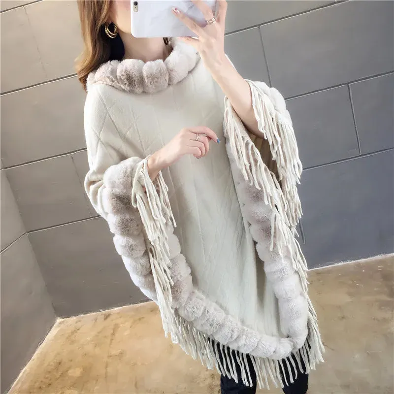 Autumn Winter Imitation Rabbit Fur Women's Coat Pullover Shawl Warm Poncho Capes