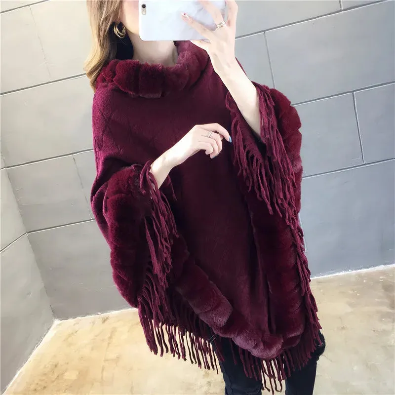 Autumn Winter Imitation Rabbit Fur Women's Coat Pullover Shawl Warm Poncho Capes