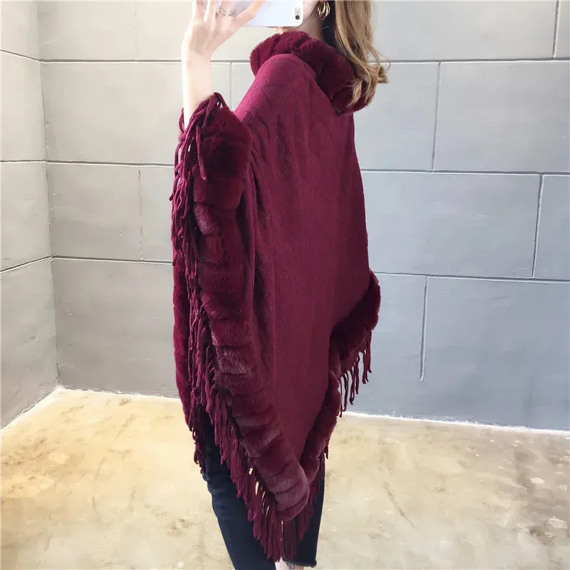 Autumn Winter Imitation Rabbit Fur Women's Coat Pullover Shawl Warm Poncho Capes