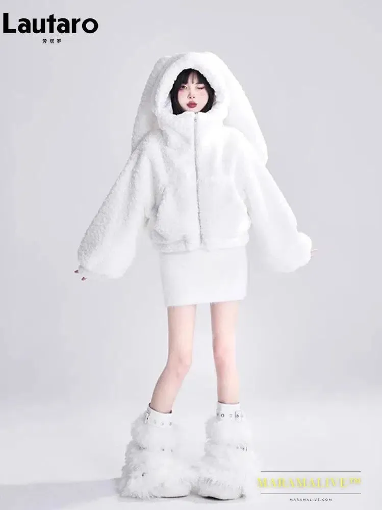 Autumn Winter Sweet Cute Lovely Warm Soft White Short Faux Fur Coat Women  with Bunny Ears Fluffy Jacket Hoodie 2023