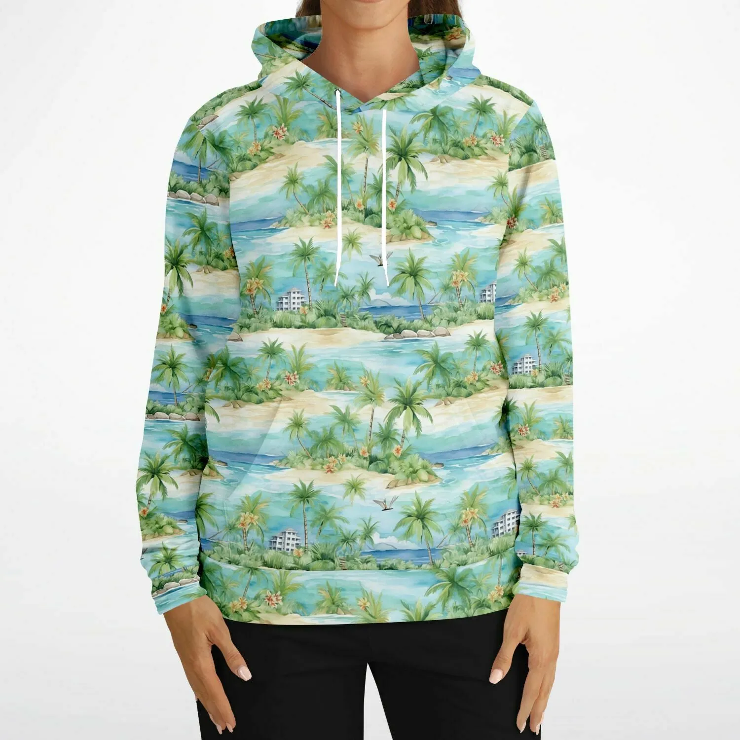 Beach Lightweight Hoodie, Tropical Palm Trees Green Summer Pullover Men Women Adult Aesthetic Graphic Hooded Sweatshirt Pockets