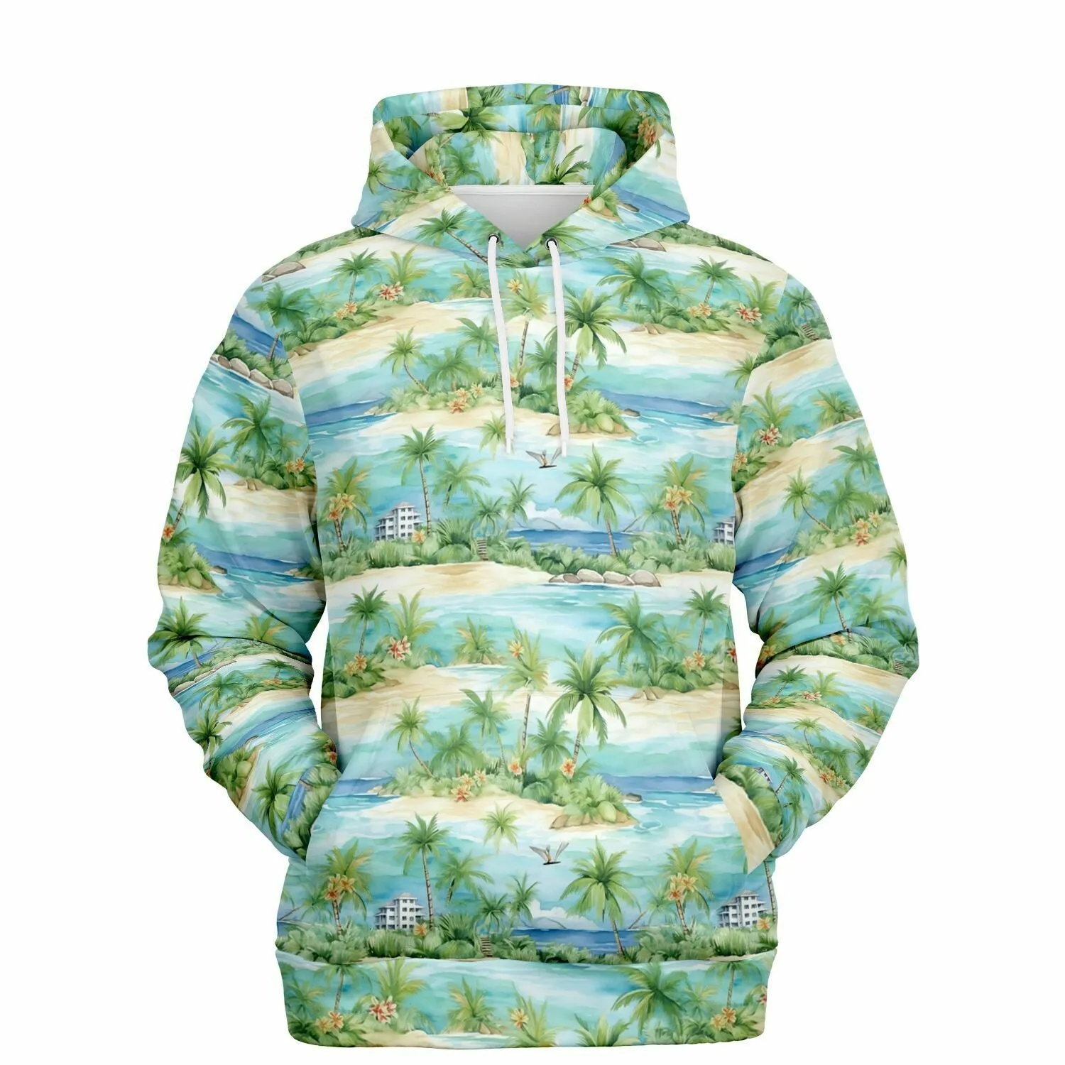 Beach Lightweight Hoodie, Tropical Palm Trees Green Summer Pullover Men Women Adult Aesthetic Graphic Hooded Sweatshirt Pockets