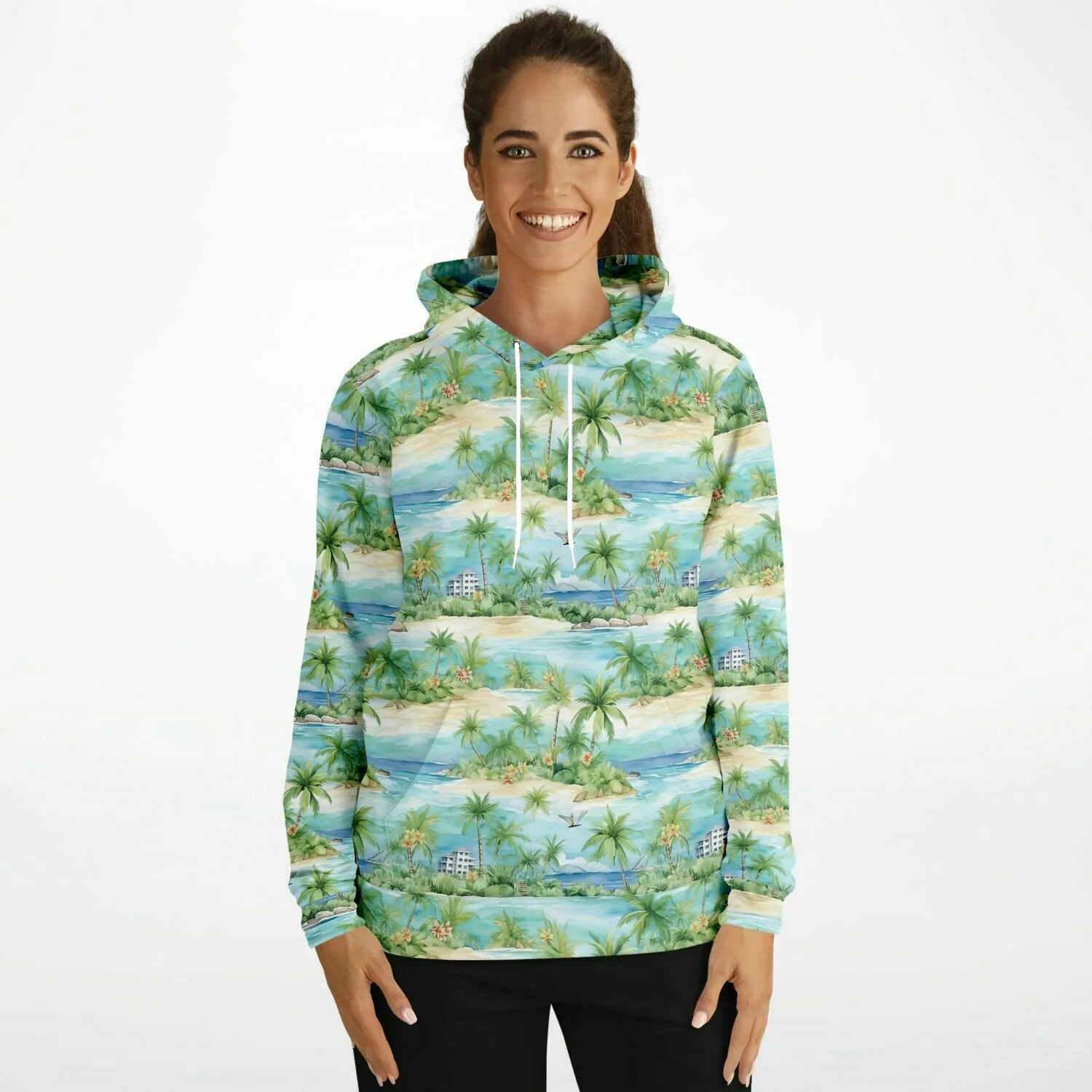 Beach Lightweight Hoodie, Tropical Palm Trees Green Summer Pullover Men Women Adult Aesthetic Graphic Hooded Sweatshirt Pockets