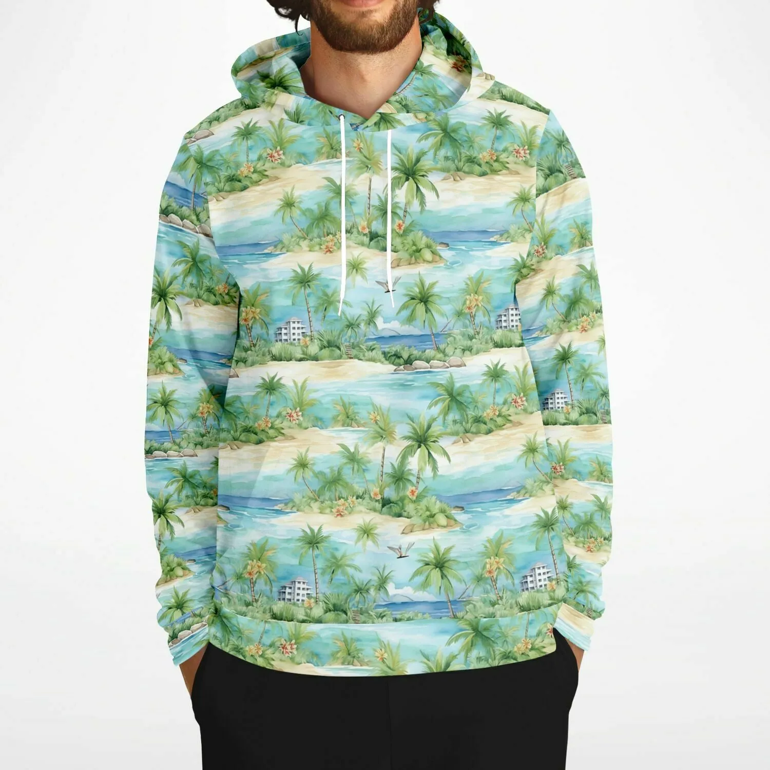 Beach Lightweight Hoodie, Tropical Palm Trees Green Summer Pullover Men Women Adult Aesthetic Graphic Hooded Sweatshirt Pockets