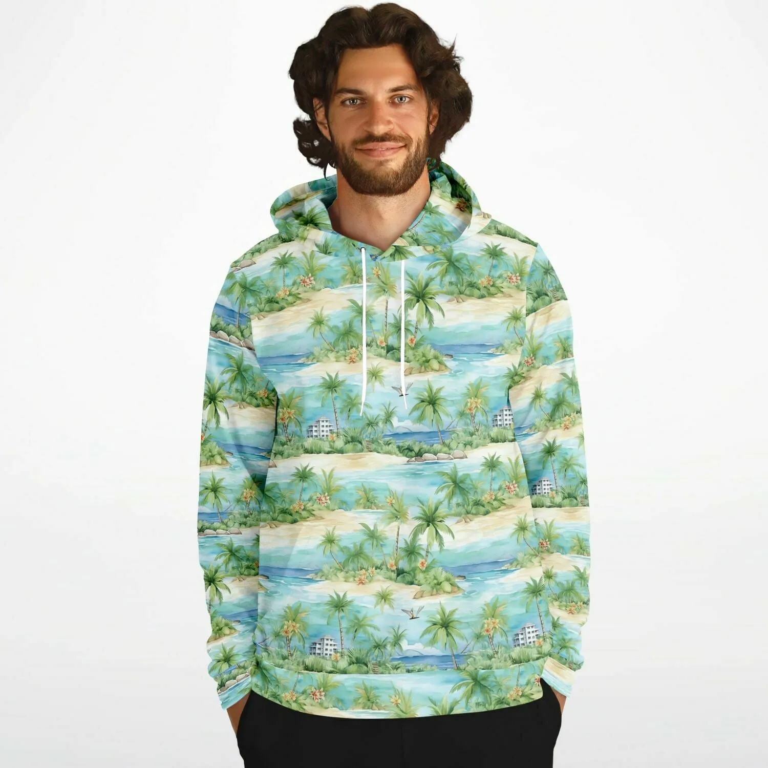 Beach Lightweight Hoodie, Tropical Palm Trees Green Summer Pullover Men Women Adult Aesthetic Graphic Hooded Sweatshirt Pockets