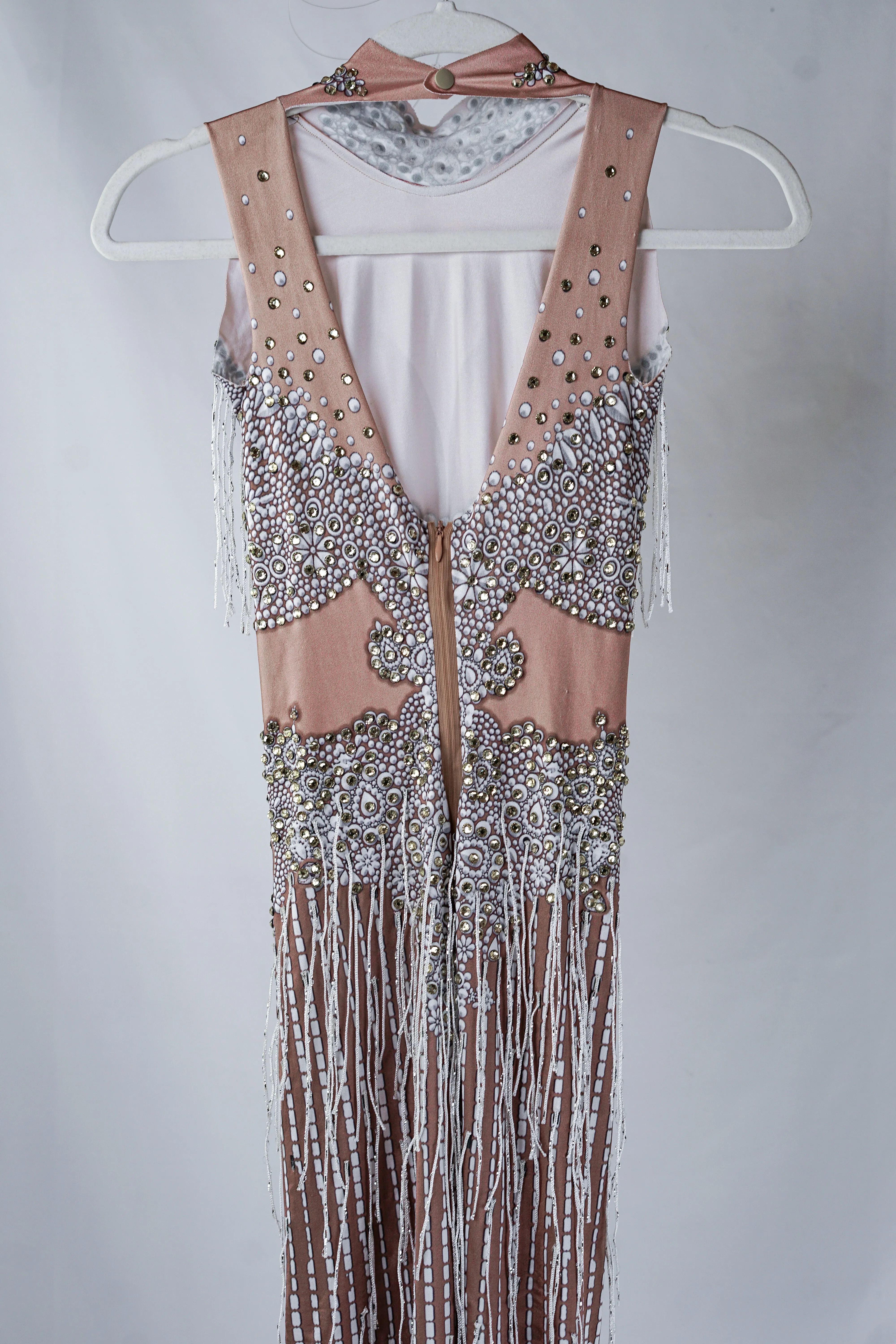 Beige and White Bodycon Maxi Dress with Silver Fringe and Crystals