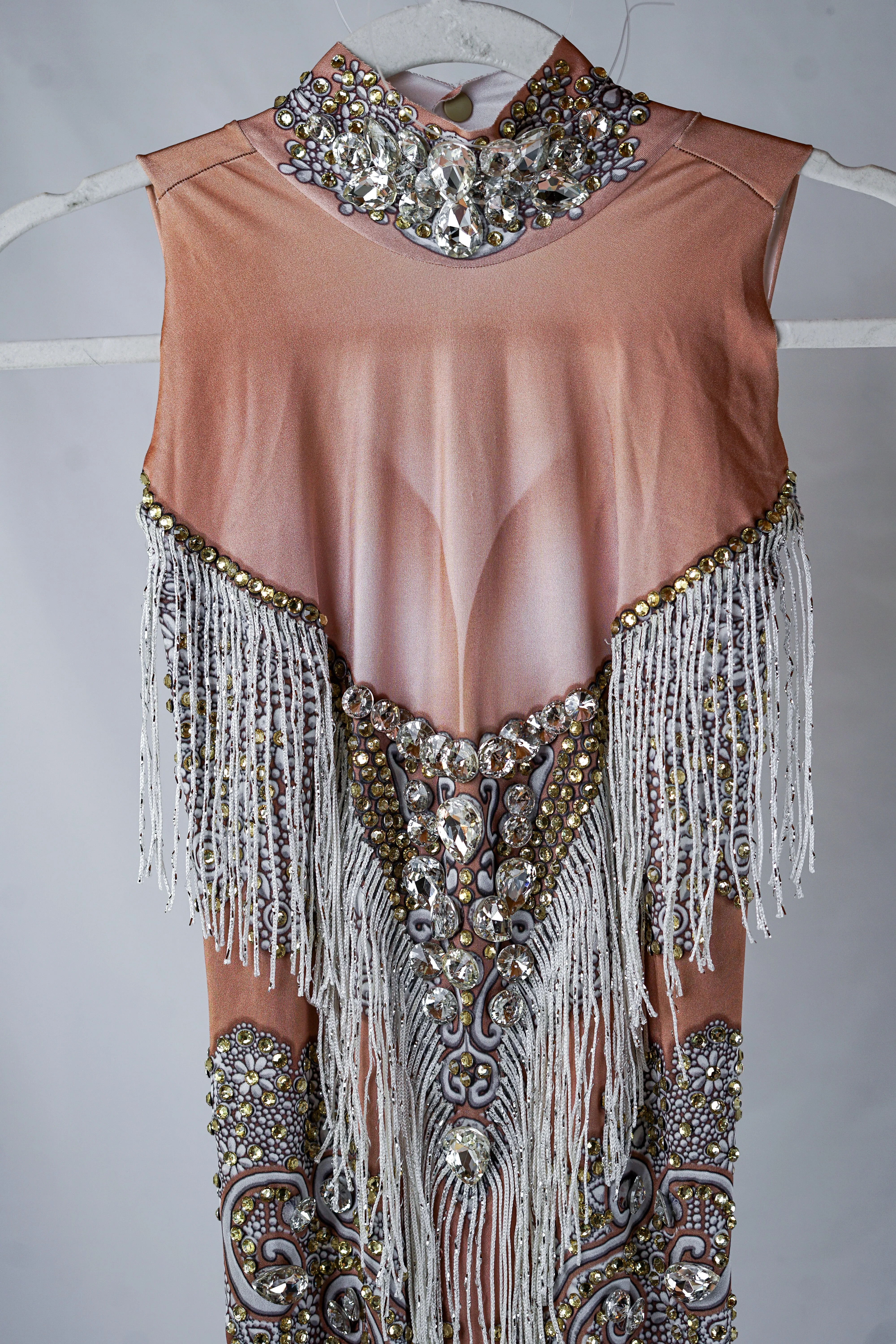 Beige and White Bodycon Maxi Dress with Silver Fringe and Crystals