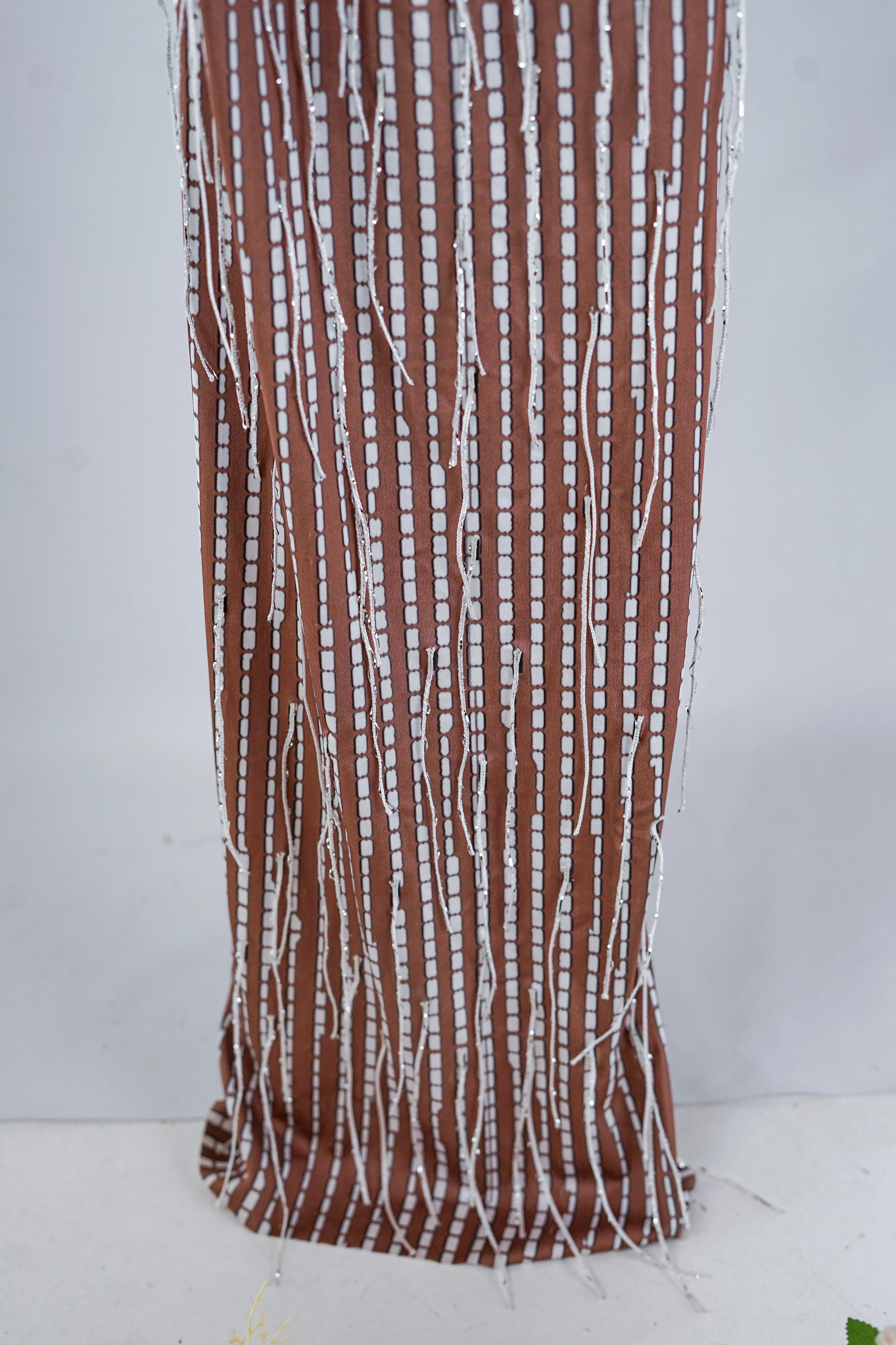 Beige and White Bodycon Maxi Dress with Silver Fringe and Crystals