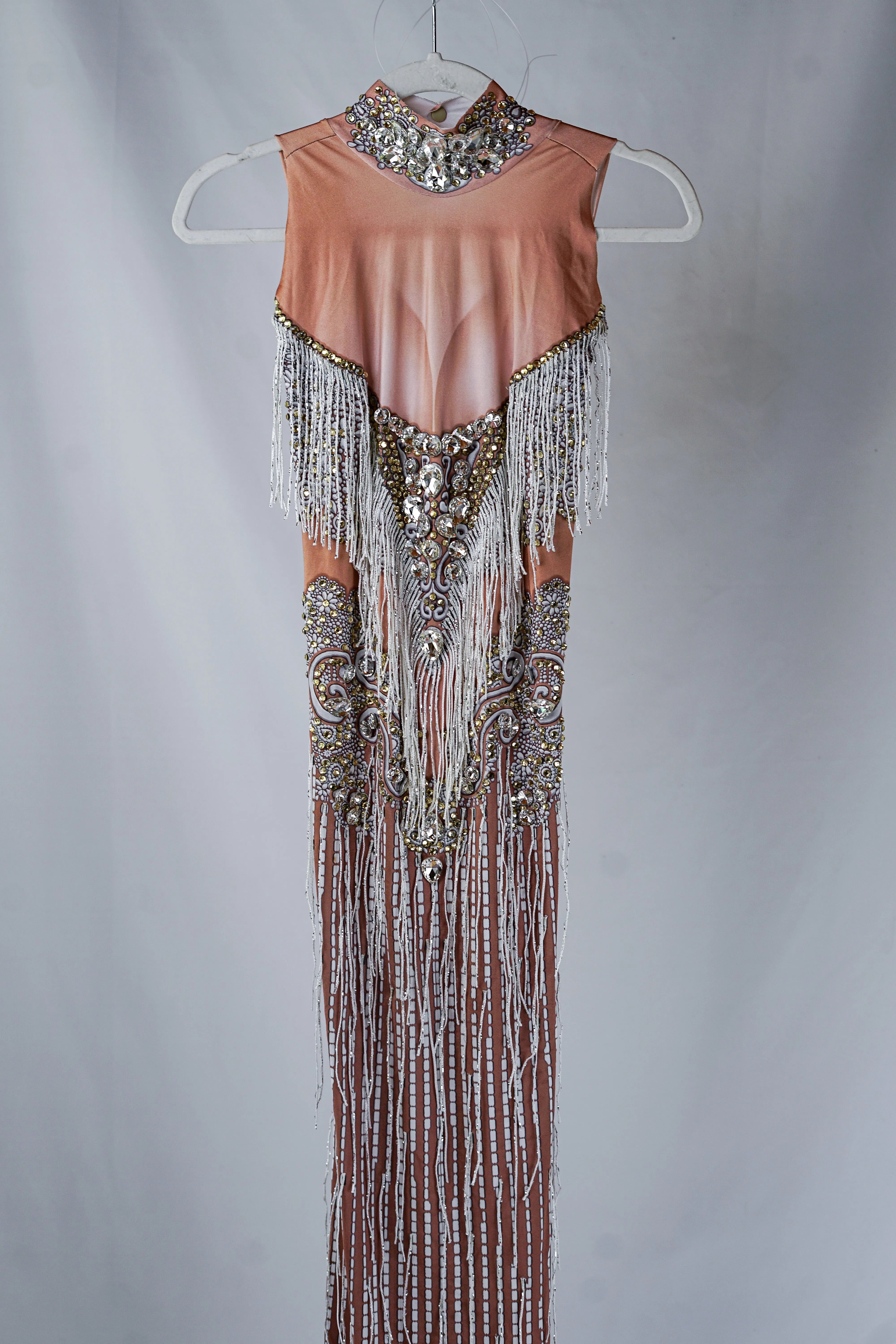 Beige and White Bodycon Maxi Dress with Silver Fringe and Crystals