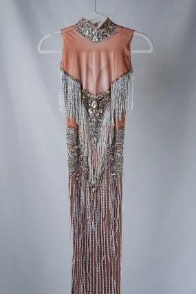 Beige and White Bodycon Maxi Dress with Silver Fringe and Crystals