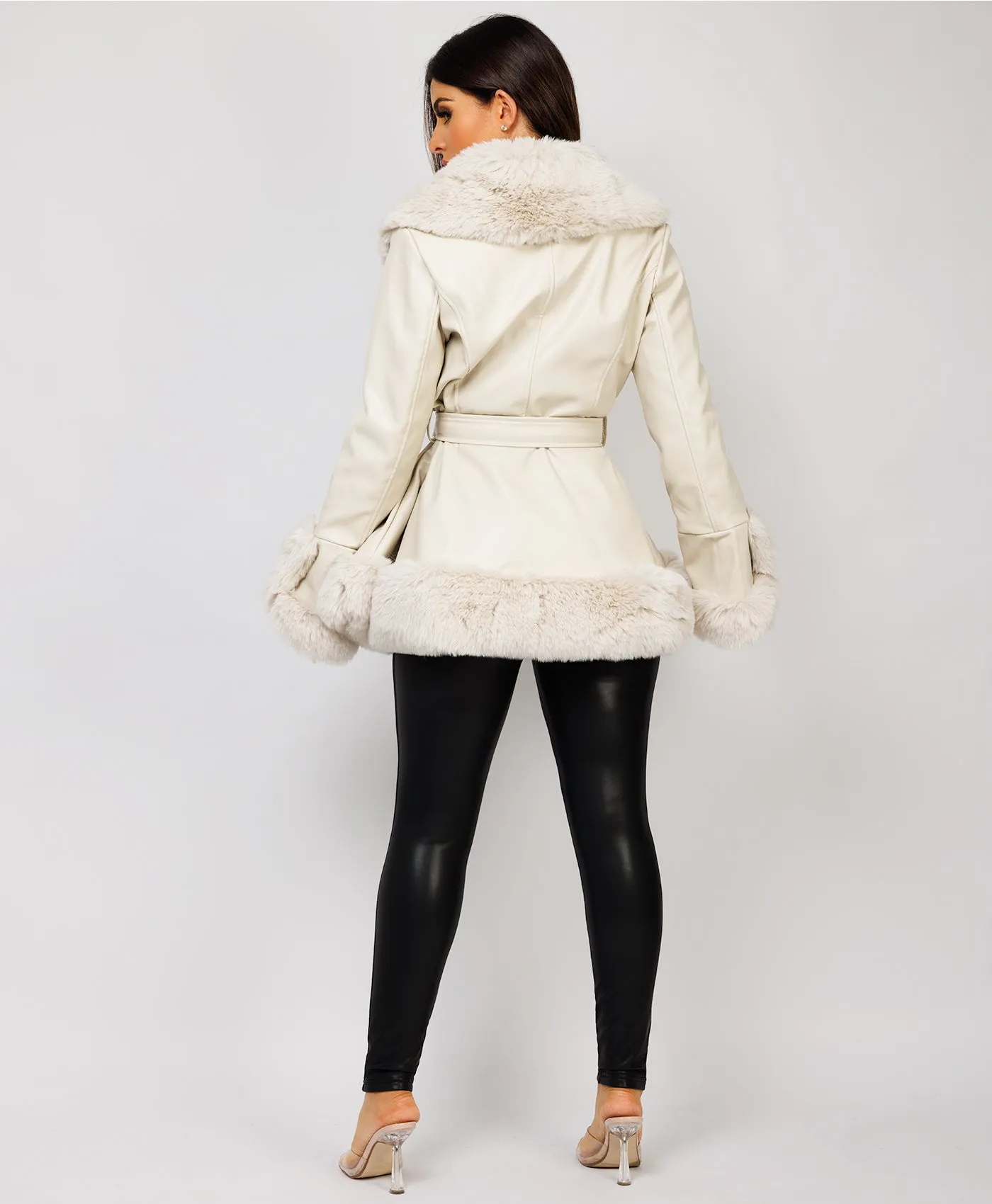 Beige Faux Fur Vegan Leather Swing Coat Jacket