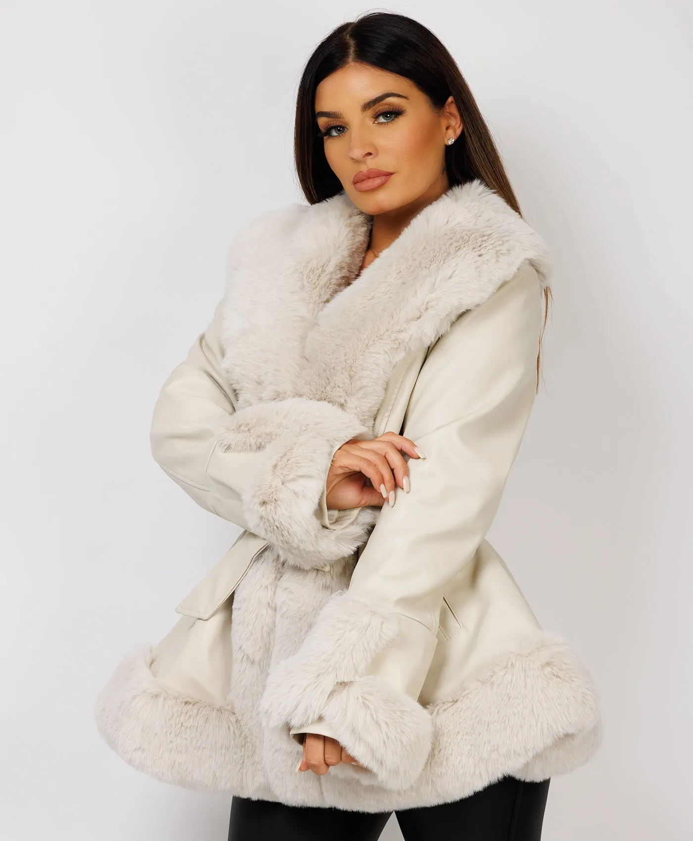 Beige Faux Fur Vegan Leather Swing Coat Jacket