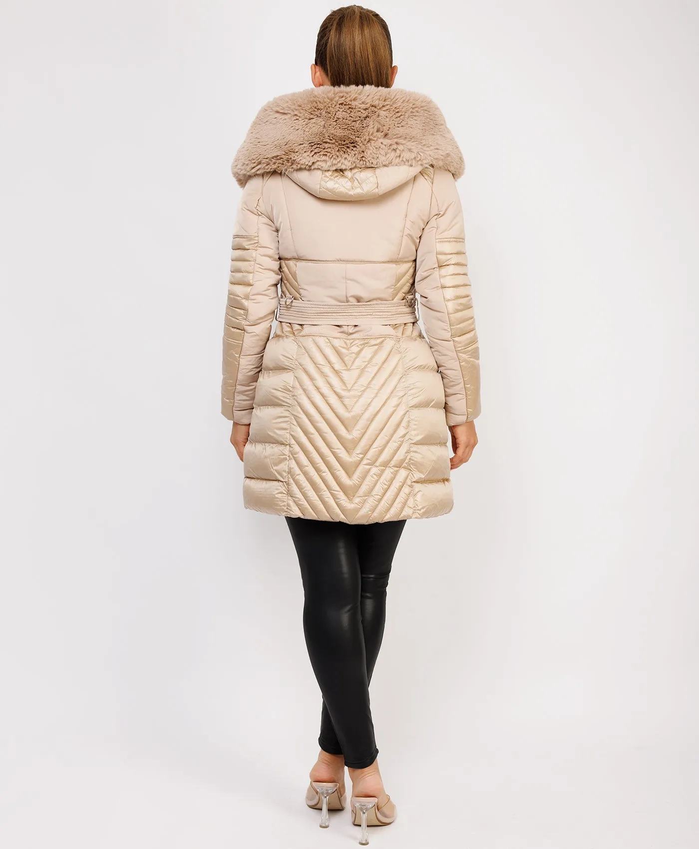 Beige Luxe Faux Fur Trim Collar Hooded Parka Coat