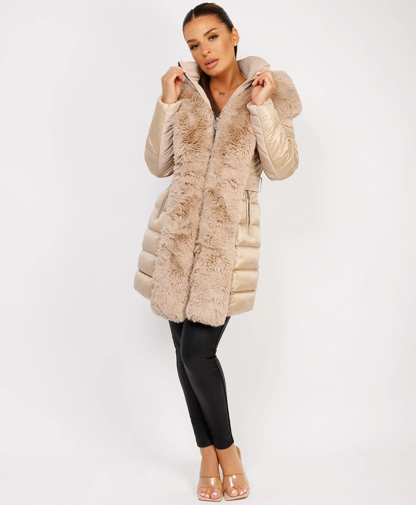 Beige Luxe Faux Fur Trim Collar Hooded Parka Coat