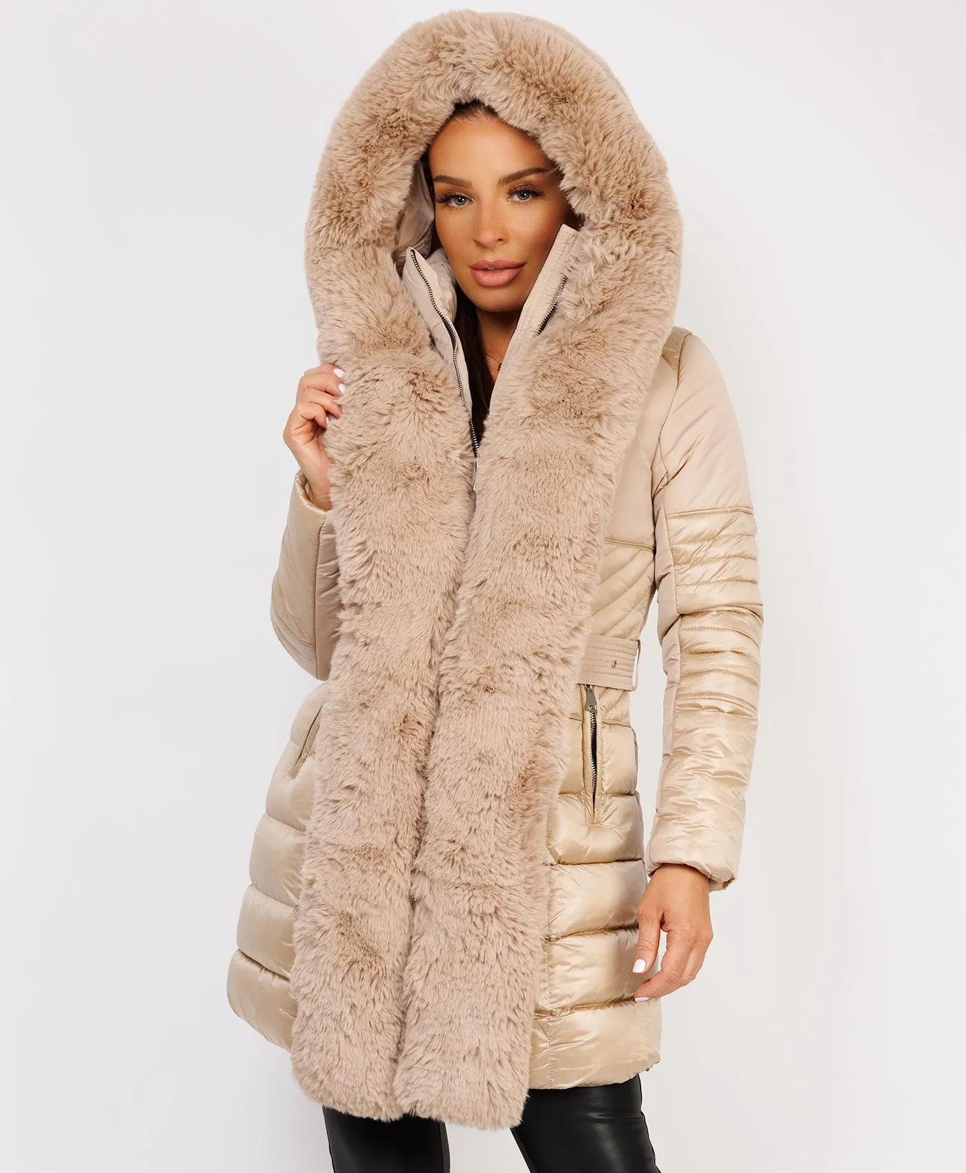 Beige Luxe Faux Fur Trim Collar Hooded Parka Coat