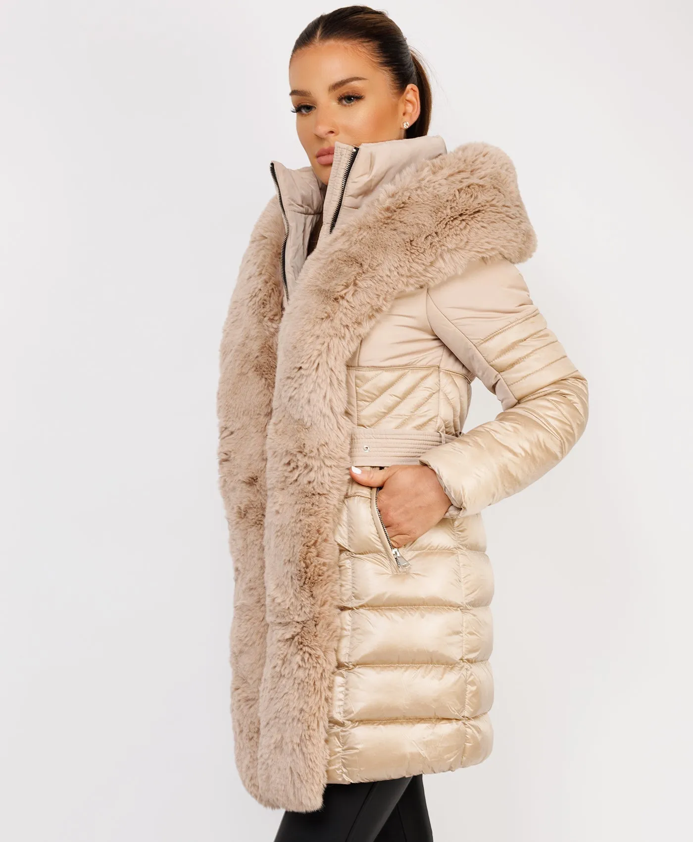 Beige Luxe Faux Fur Trim Collar Hooded Parka Coat