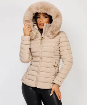 Beige Luxe Quilted Faux Fur Trim Hooded Belted Puffer Coat