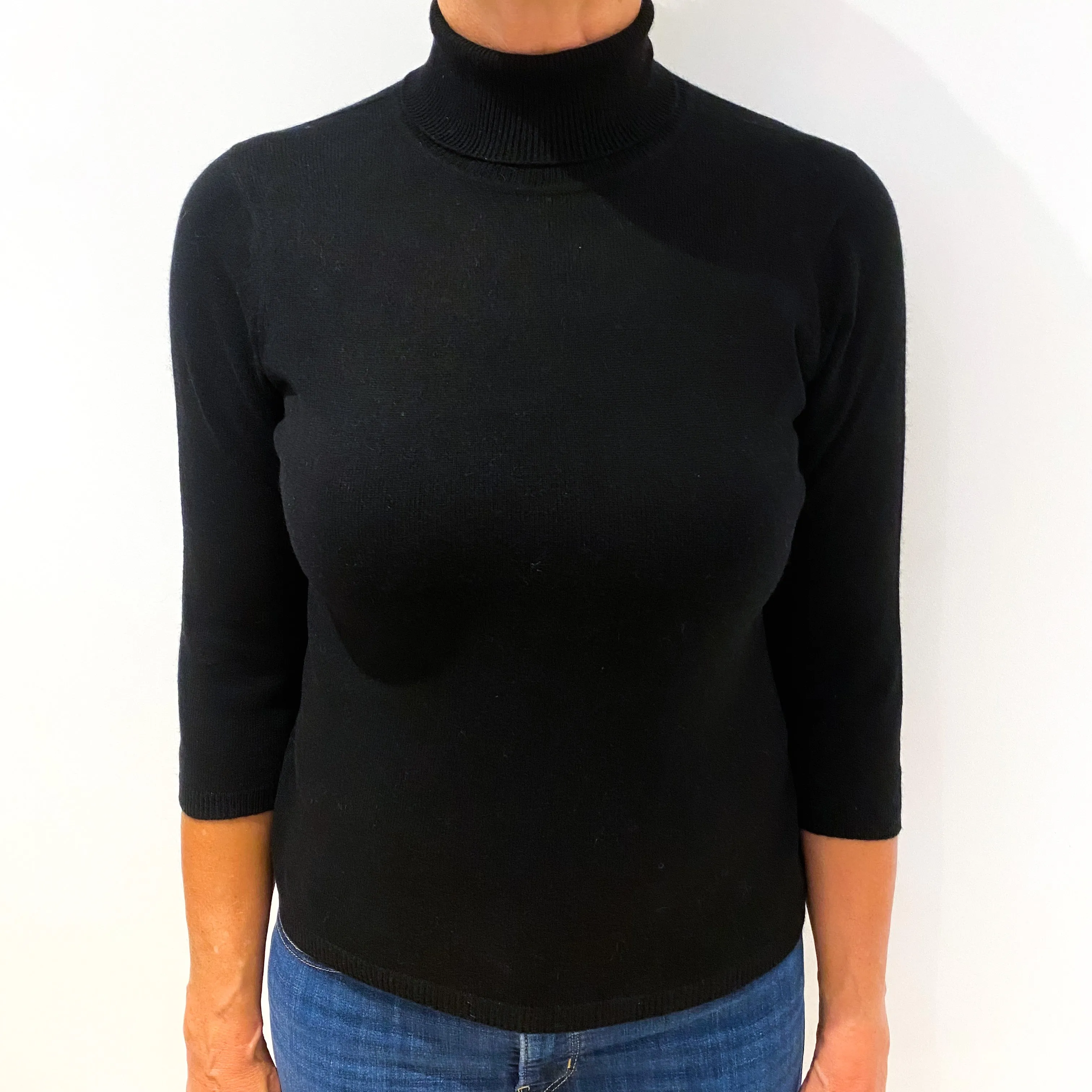 Black 3/4 Sleeve Cashmere Polo Neck Jumper Medium Petite