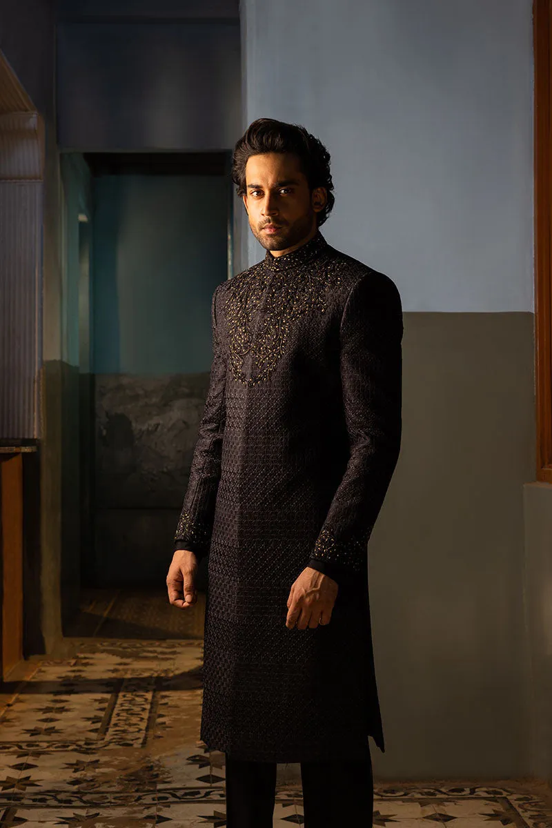 BLACK ART DECO SHERWANI