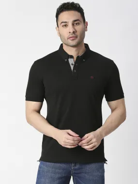 Black Cotton Lycra Button Down Polo T-shirt