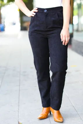 Black High Rise Corduroy Pants With Pockets