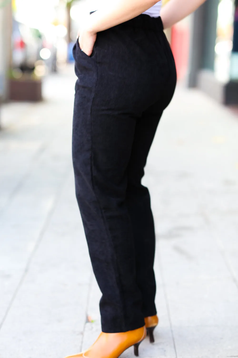 Black High Rise Corduroy Pants With Pockets