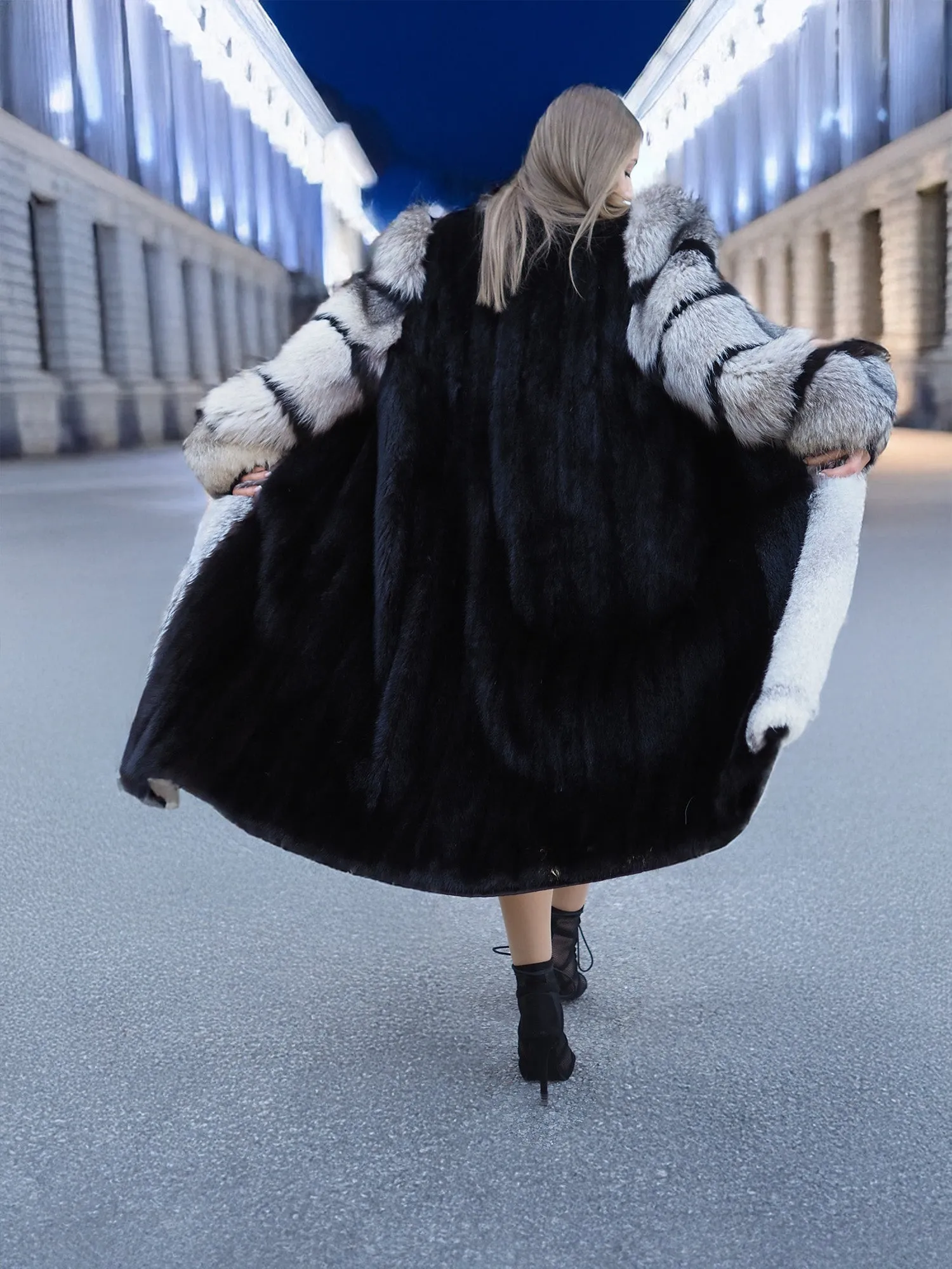 Black Mink Coat With Indigo fox Sleeves And Collar M/L