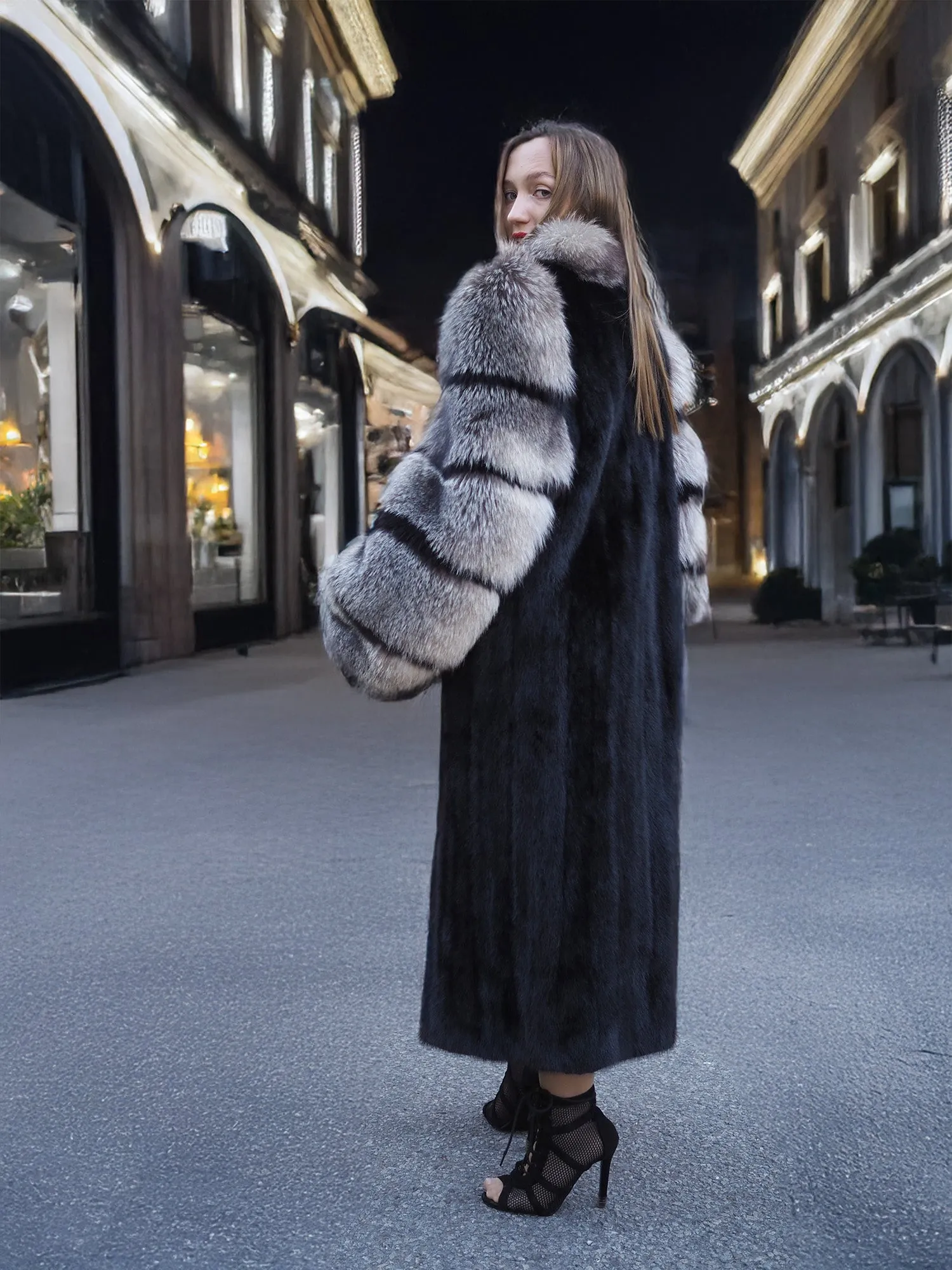 Black Mink Coat With Indigo fox Sleeves And Collar M/L