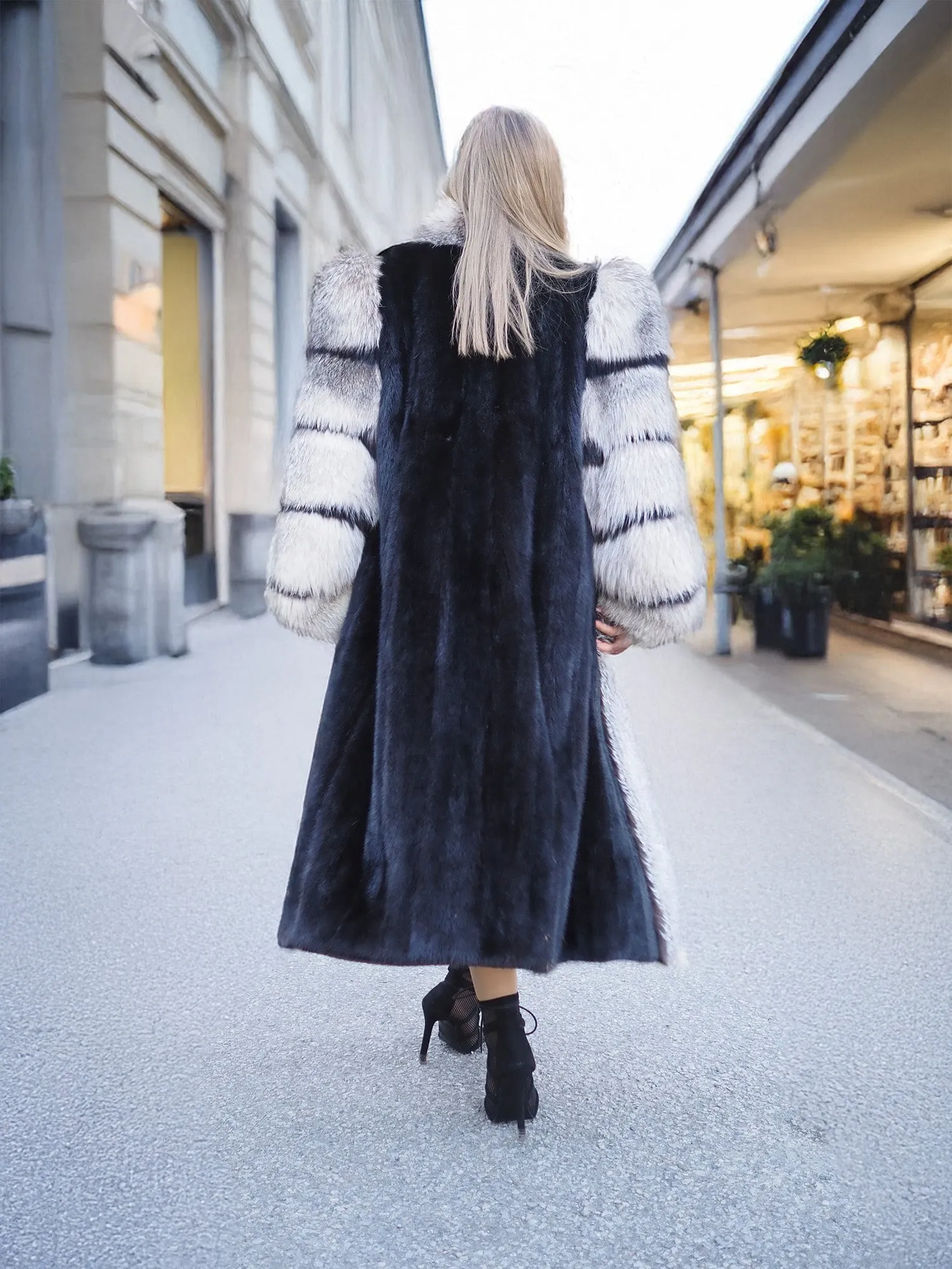 Black Mink Coat With Indigo fox Sleeves And Collar M/L