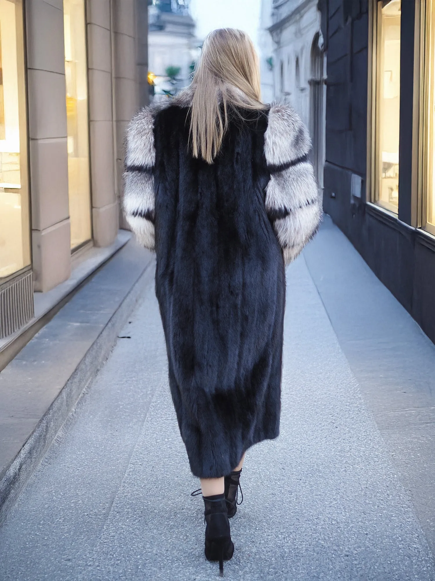 Black Mink Coat With Indigo fox Sleeves And Collar M/L