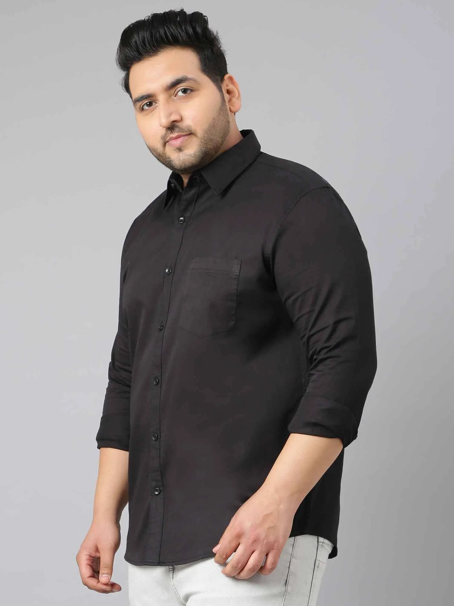 Black Pure Cotton Full Sleeve Shirt Men's Plus Size