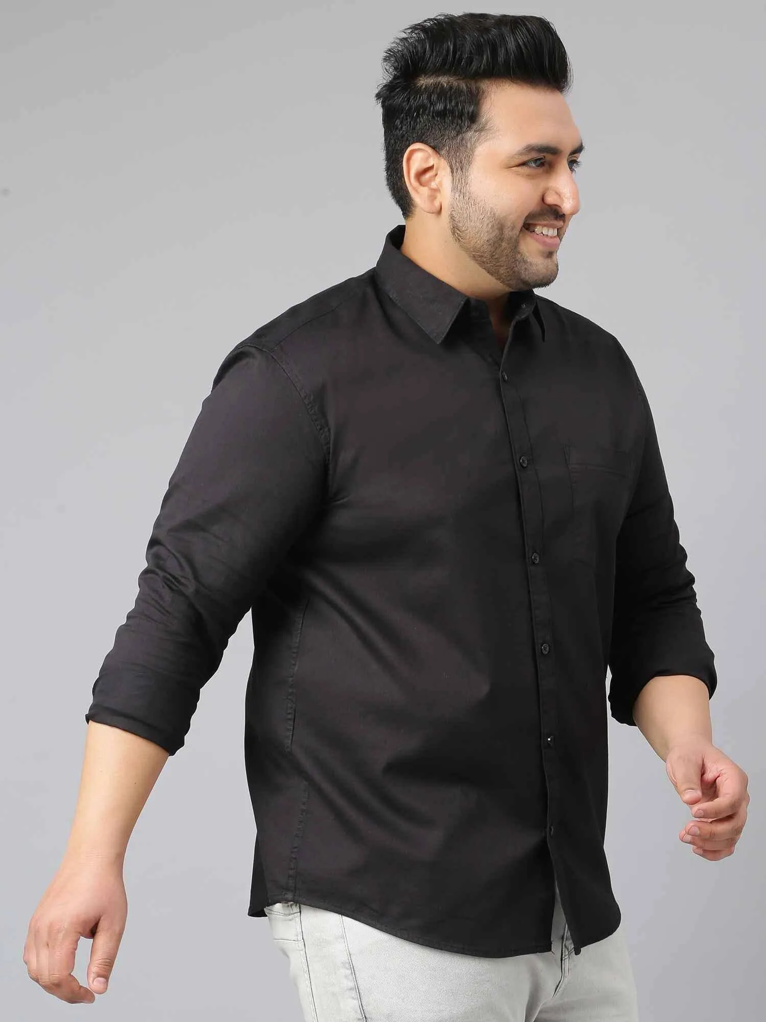 Black Pure Cotton Full Sleeve Shirt Men's Plus Size