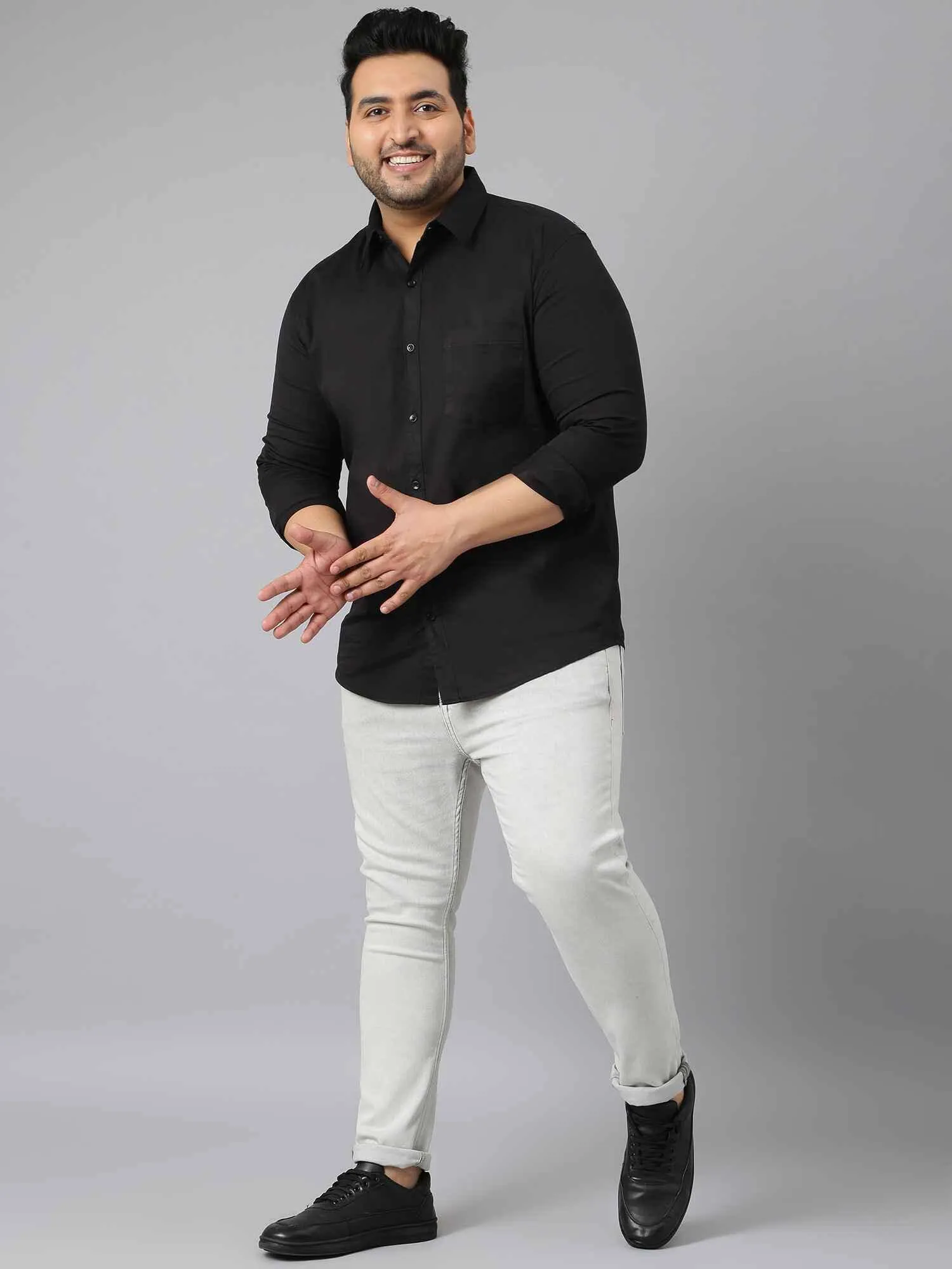 Black Pure Cotton Full Sleeve Shirt Men's Plus Size