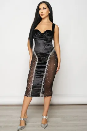 Black Rhinestone Studded Velvet Bodycon Midi Dress