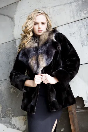 Black Sheared Mink Fur Jacket with Cross Fox Collar