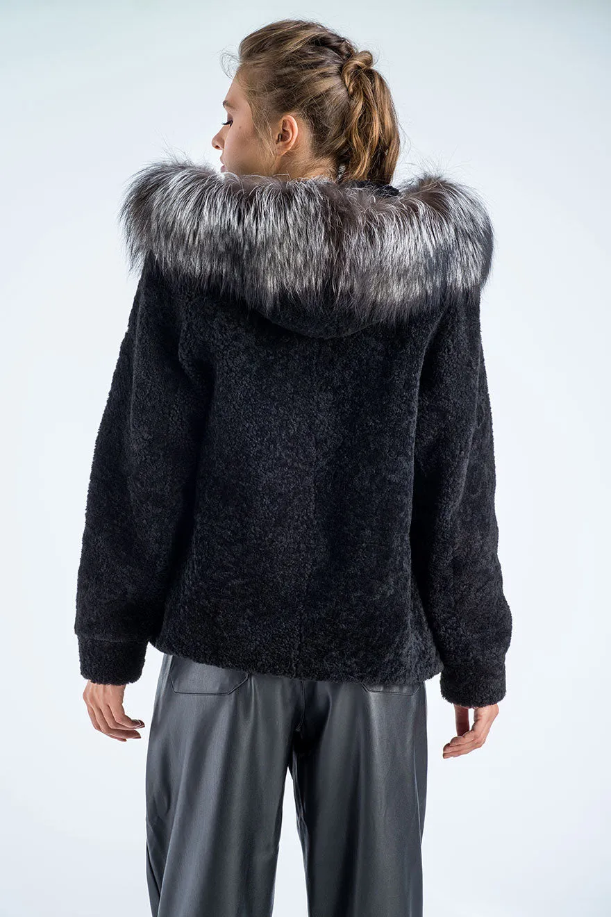 Black Sheepskin Hooded Jacket with Arctic Fox Fur Detailing