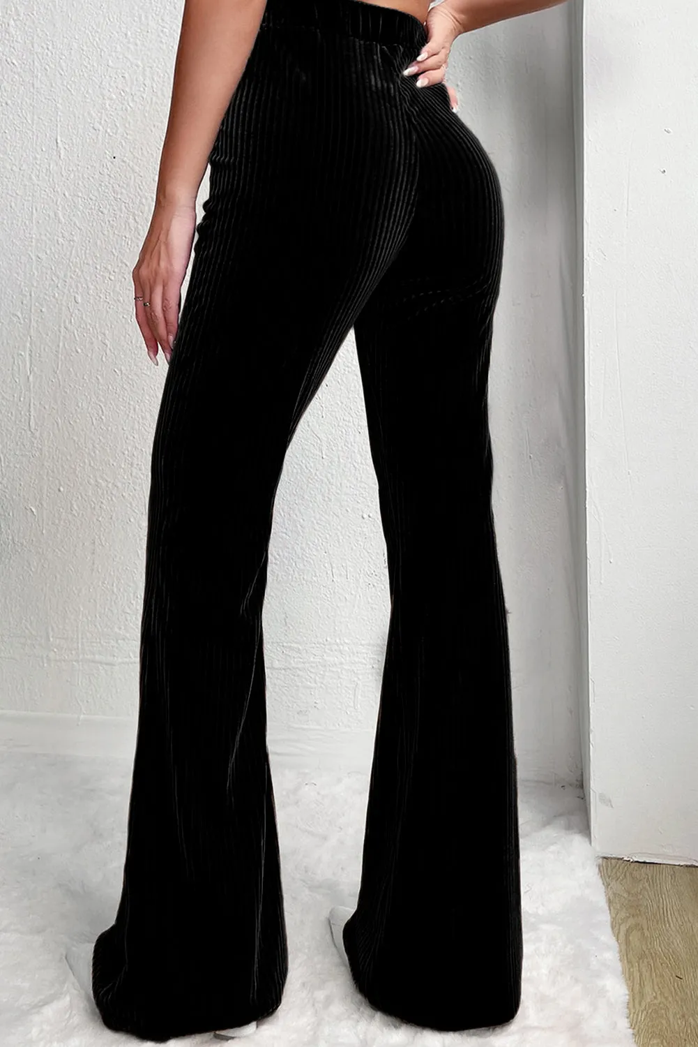 Black Solid Colour High Waist Flare Corduroy Pants